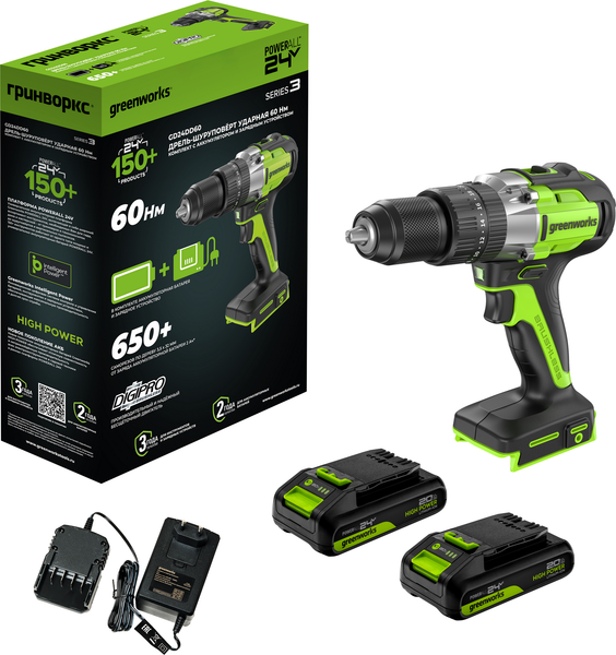 Изображение товара Аккумуляторная дрель-шуруповерт Greenworks GD24DD60 бесщеточная 24V / 3704107CUC (с 2-мя АКБ 2Ач и ЗУ)