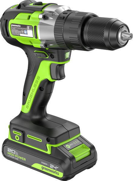 Изображение товара Аккумуляторная дрель-шуруповерт Greenworks GD24DD60 бесщеточная 24V / 3704107CUC (с 2-мя АКБ 2Ач и ЗУ)
