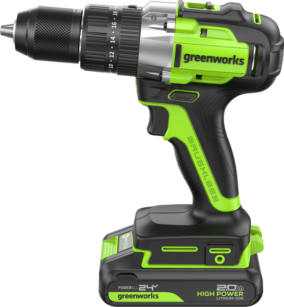 Изображение товара Аккумуляторная дрель-шуруповерт Greenworks GD24DD60 бесщеточная 24V / 3704107CUC (с 2-мя АКБ 2Ач и ЗУ)