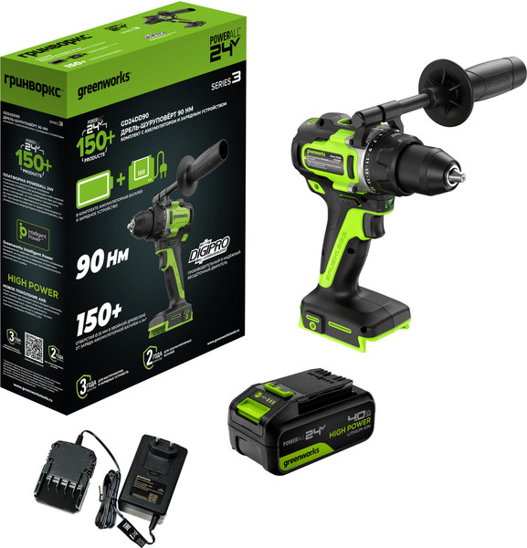 Изображение товара Аккумуляторная дрель-шуруповерт Greenworks GD24DD90 бесщеточная 24V / 3707507CUB (с АКБ 4Ач и ЗУ)