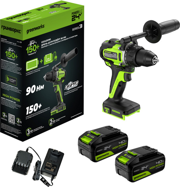 Изображение товара Аккумуляторная дрель-шуруповерт Greenworks GD24DD90 бесщеточная 24V / 3707507CUD (с 2-мя АКБ 4Ач и ЗУ)