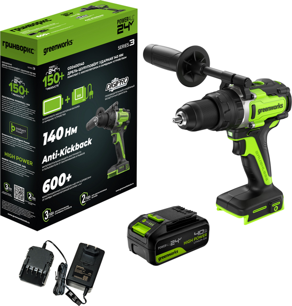 Изображение товара Аккумуляторная дрель-шуруповерт Greenworks GD24DD140 бесщеточная 24V / 3707607CUB (с АКБ 4Ач и ЗУ)