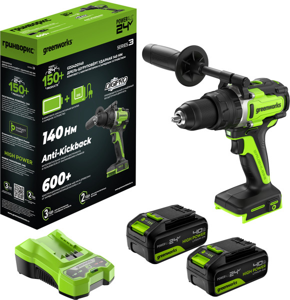 Изображение товара Аккумуляторная дрель-шуруповерт Greenworks GD24DD140 бесщеточная 24V / 3707607CUD (с 2-мя АКБ 4Ач и ЗУ)