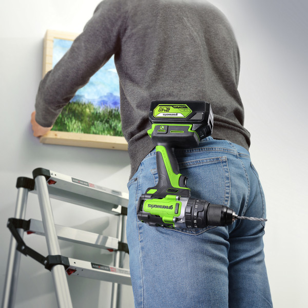 Изображение товара Аккумуляторная дрель-шуруповерт Greenworks GD24DD140 бесщеточная 24V / 3707607CUD (с 2-мя АКБ 4Ач и ЗУ)