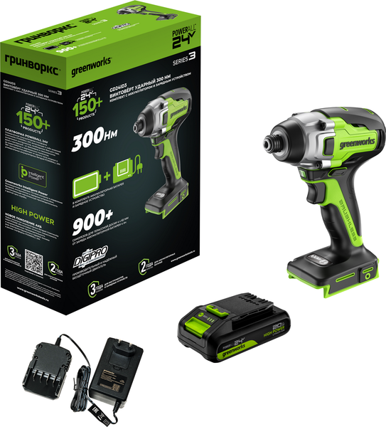 Изображение товара Аккумуляторный шуруповерт Greenworks GD24ID3 бесщеточный 24V / 3802807CUA (с АКБ 2Ач и ЗУ)