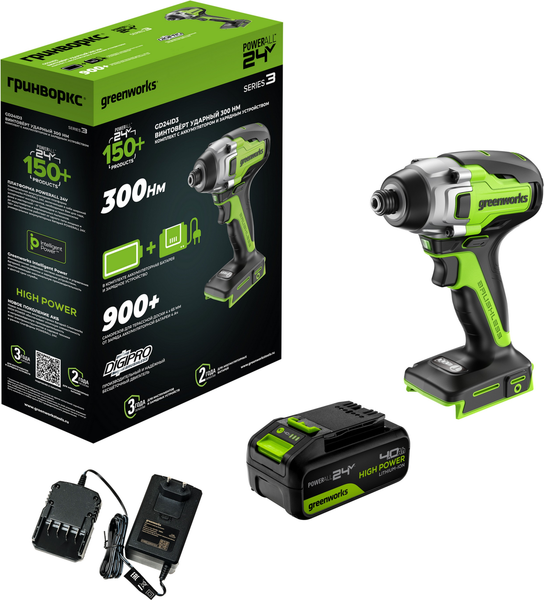 Изображение товара Аккумуляторный шуруповерт Greenworks GD24ID3 бесщеточный 24V / 3802807CUB (с АКБ 4Ач и ЗУ)