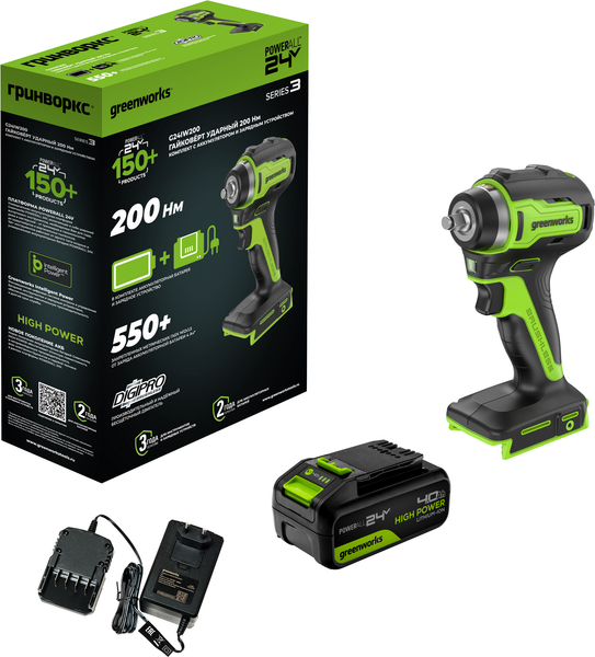 Изображение товара Аккумуляторный гайковерт Greenworks G24IW200 бесщеточный 24V / 3803607CUB (с АКБ 4Ач и ЗУ)