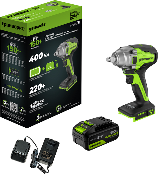 Изображение товара Аккумуляторный гайковерт Greenworks GD24IW400 бесщеточный 24V / 3802907CUG (с АКБ 5Ач и ЗУ)