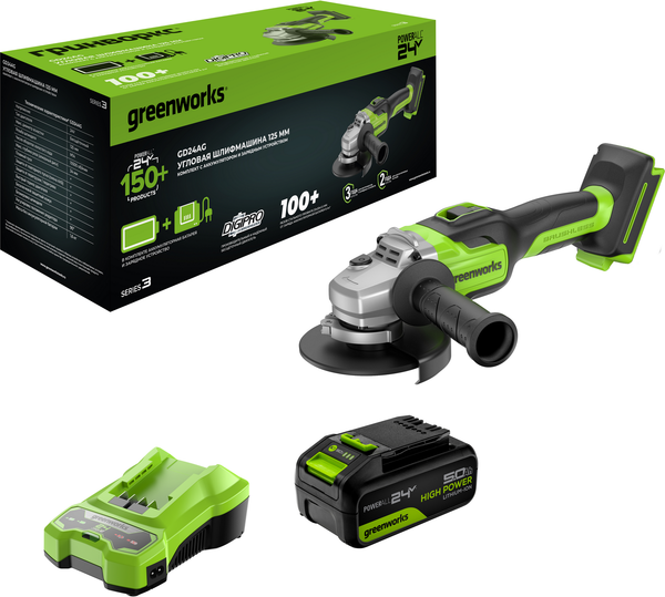 Изображение товара Угловая шлифовальная машина Greenworks GD24AG бесщеточная 24V / 3200207CUG (с АКБ 5Ач и ЗУ)