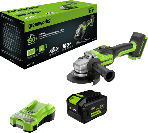 Изображение товара Угловая шлифовальная машина Greenworks GD24AG бесщеточная 24V / 3200207CUH (с АКБ 8Ач и ЗУ)