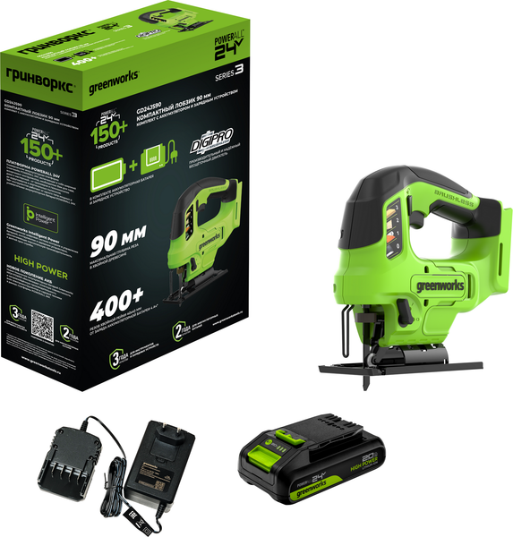 Изображение товара Электролобзик Greenworks GD24JS90 бесщеточный 24V / 3601707CUA (с АКБ 2Ач и ЗУ)