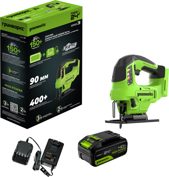 Изображение товара Электролобзик Greenworks GD24JS90 бесщеточный 24V / 3601707CUB (с АКБ 4Ач и ЗУ)