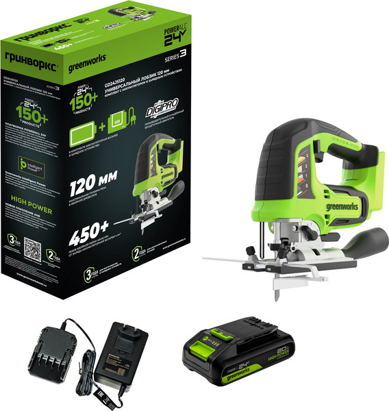 Изображение товара Электролобзик Greenworks GD24JS120 бесщеточный 24V / 3601407CUA (с АКБ 2Ач и ЗУ)