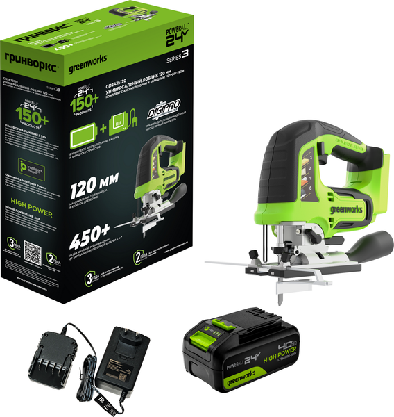 Изображение товара Электролобзик Greenworks GD24JS120 бесщеточный 24V / 3601407CUB (с АКБ 4Ач и ЗУ)