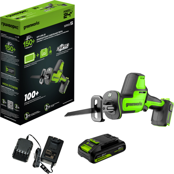 Изображение товара Сабельная пила Greenworks GPT-CRS-25 бесщеточная 24V / 1200507CUA (с АКБ 2Ач и ЗУ)