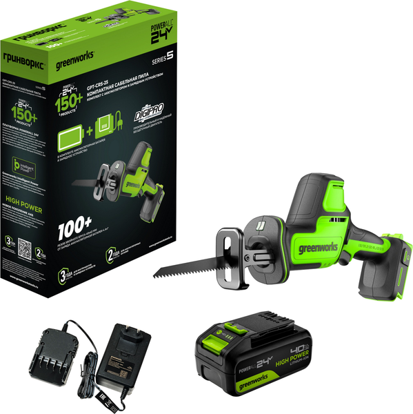Изображение товара Сабельная пила Greenworks GPT-CRS-25 бесщеточная 24V / 1200507CUB (с АКБ 4Ач и ЗУ)