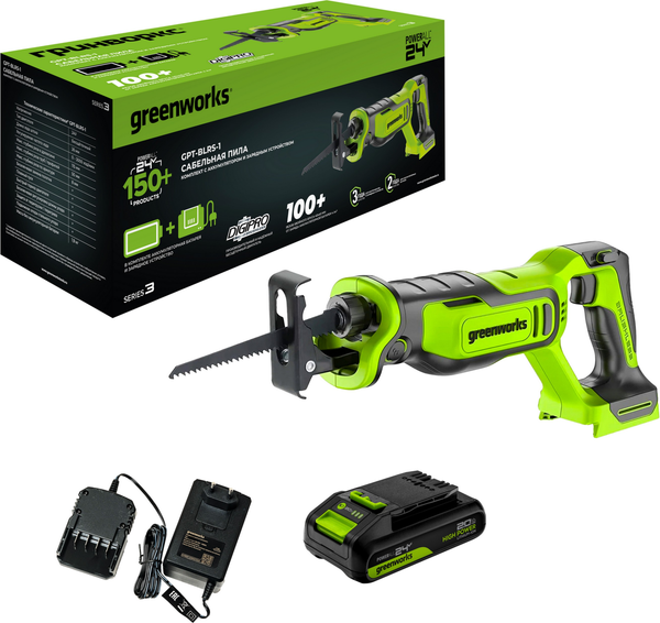 Изображение товара Сабельная пила Greenworks GPT-BLRS-1 бесщеточная 24V / 1200607CUA (с АКБ 2Ач и ЗУ)