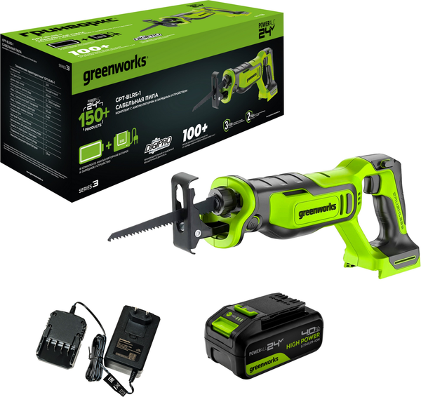 Изображение товара Сабельная пила Greenworks GPT-BLRS-1 бесщеточная 24V / 1200607CUB (с АКБ 4Ач и ЗУ)