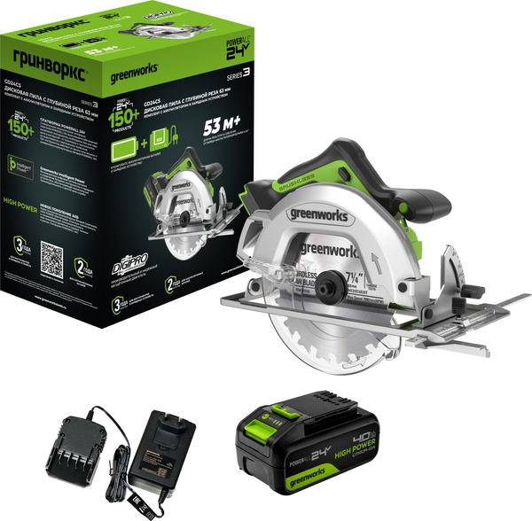 Изображение товара Дисковая пила Greenworks GD24CS бесщеточная 24V / 1500907CUB (с АКБ 4Ач и ЗУ)