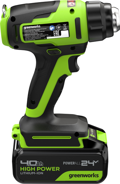 Изображение товара Строительный фен Greenworks G24HG 24V 550°С / 3400207CUB (с АКБ 4Ач и ЗУ)