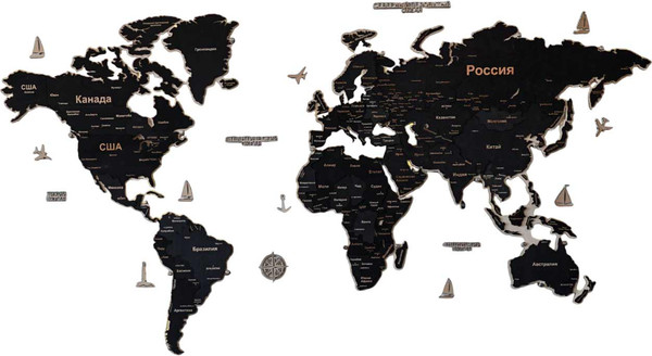 Изображение товара Декор настенный Woodary Карта мира многоуровневая L. С подложкой и подсветкой / 32580 (обсидиан)