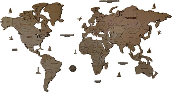 Изображение товара Декор настенный Woodary Карта мира многоуровневая L. С подложкой и подсветкой / 31450 (натуральный)