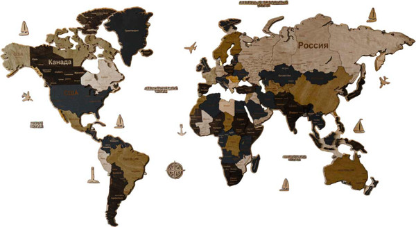 Изображение товара Декор настенный Woodary Карта мира многоуровневая L. С подложкой и подсветкой / 32550 (сканди)