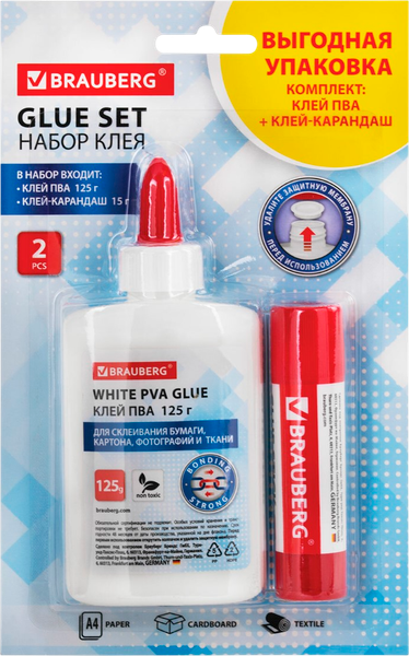 Изображение товара Клей-карандаш Brauberg PVP 15 г + клей PVA блистер / 271980 (125г)