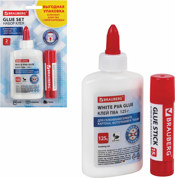 Изображение товара Клей-карандаш Brauberg PVP 15 г + клей PVA блистер / 271980 (125г)