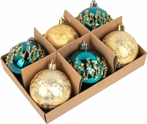 Изображение товара Набор шаров новогодних Золотая сказка 592178 (6шт, бирюзовый/золотой)