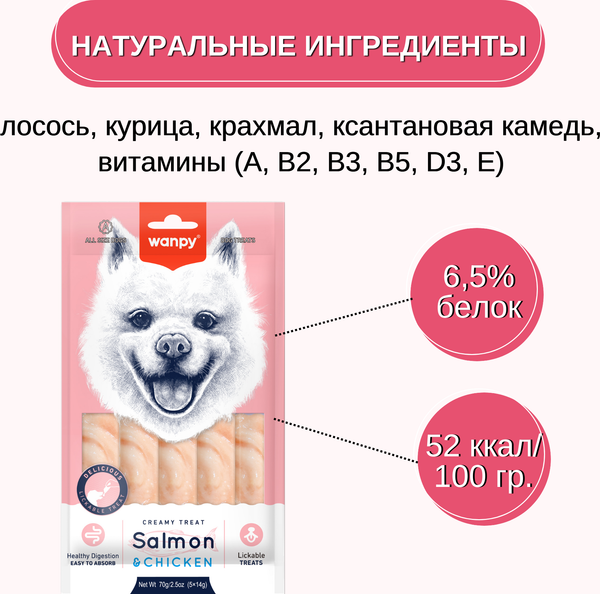 Изображение товара Лакомство для собак Wanpy Нежное пюре из лосося и курицы (70г)