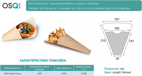 Изображение товара Набор бумажных уголков OSQ Crepe Cone 210x197 (600шт)