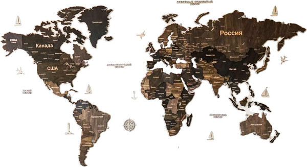 Изображение товара Декор настенный Woodary Карта мира многоуровневая L. С подложкой / 31481 (венге)