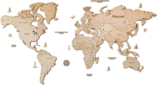 Изображение товара Декор настенный Woodary Карта мира многоуровневая XXL. С подложкой / 31471 (натуральный)
