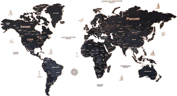Изображение товара Декор настенный Woodary Карта мира многоуровневая XXL. С подложкой / 32601 (обсидиан)