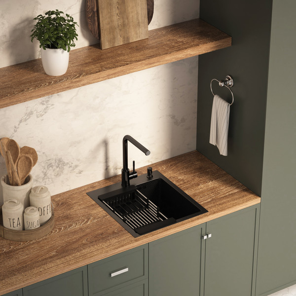 Изображение товара Мойка кухонная Basic CL DS Decor 45x50 (черный, коландер, дозатор)