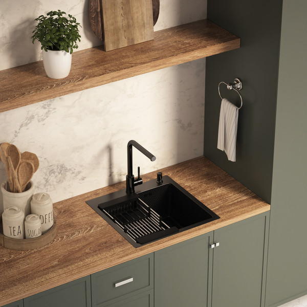 Изображение товара Мойка кухонная Basic CL DS Decor 50x50 (черный, коландер, дозатор)