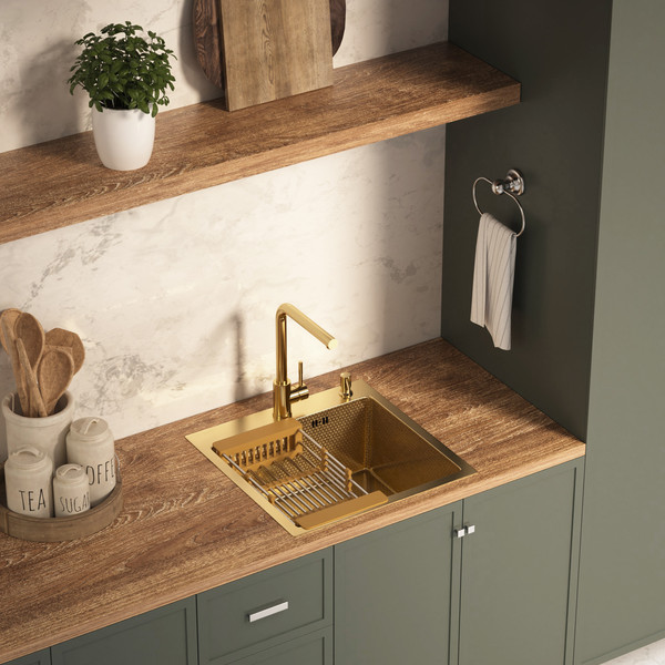 Изображение товара Мойка кухонная Basic CL DS Decor 50x50 (золото, коландер, дозатор)