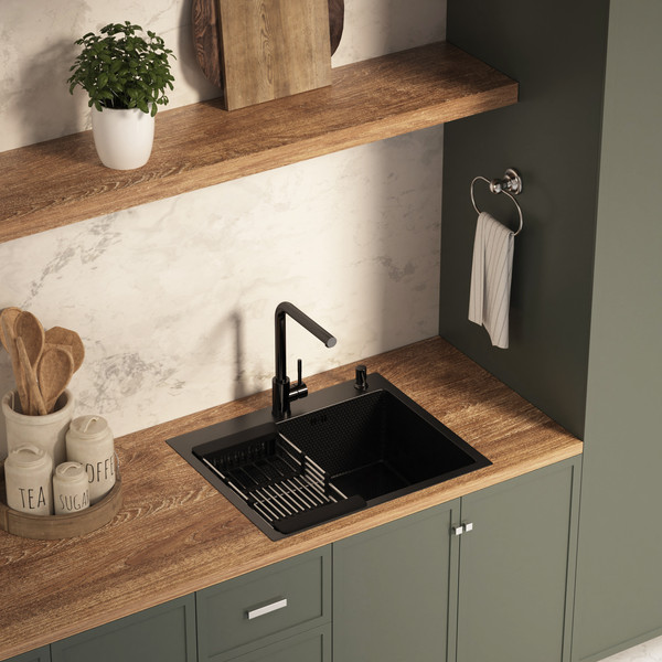 Изображение товара Мойка кухонная Basic CL DS Decor 60x50 (черный, коландер, дозатор)
