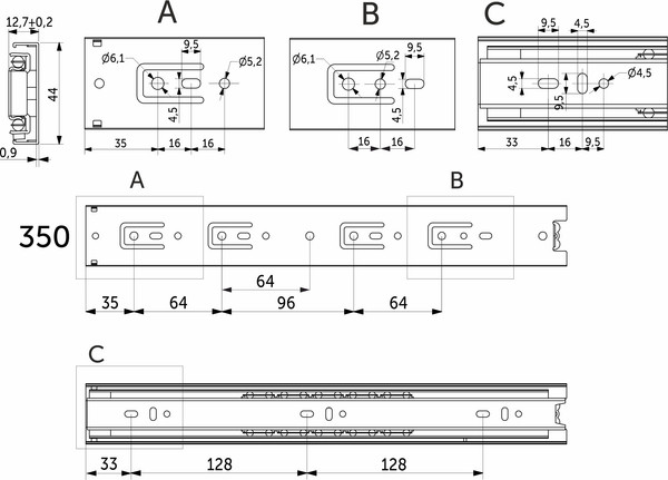 Изображение товара Комплект направляющих мебельных AKS L-350 h=45 / 22 014