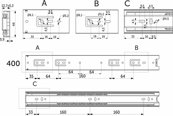 Изображение товара Комплект направляющих мебельных AKS L-400 h=45 / 22 010