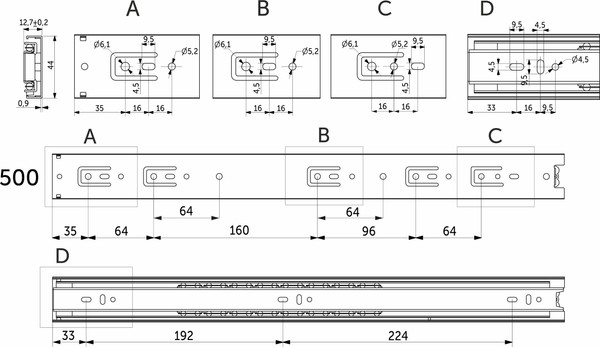 Изображение товара Комплект направляющих мебельных AKS L-500 h=45 / 22 012