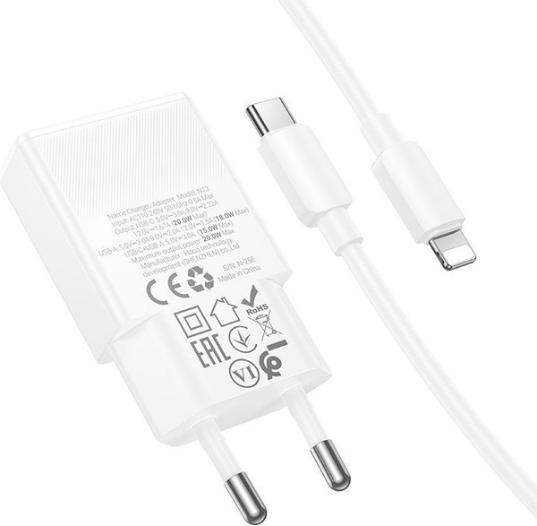 Изображение товара Зарядное устройство сетевое Hoco N73 + кабелем Lightning-Type-C (белый)