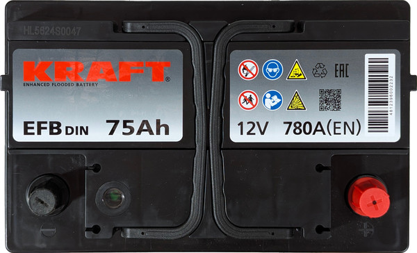 Изображение товара Автомобильный аккумулятор KrafT EFB R+ 780A / EFB-L3. (75 А/ч)