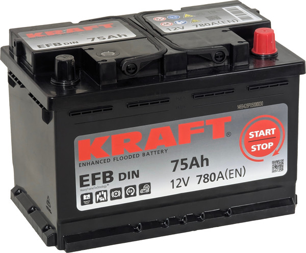 Изображение товара Автомобильный аккумулятор KrafT EFB R+ 780A / EFB-L3. (75 А/ч)