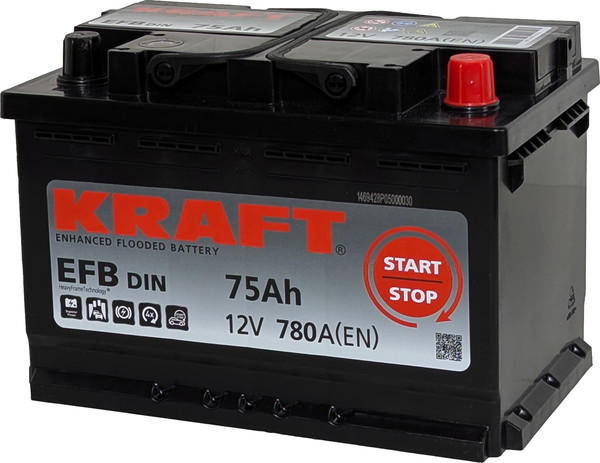 Изображение товара Автомобильный аккумулятор KrafT EFB R+ 780A / EFB-L3. (75 А/ч)