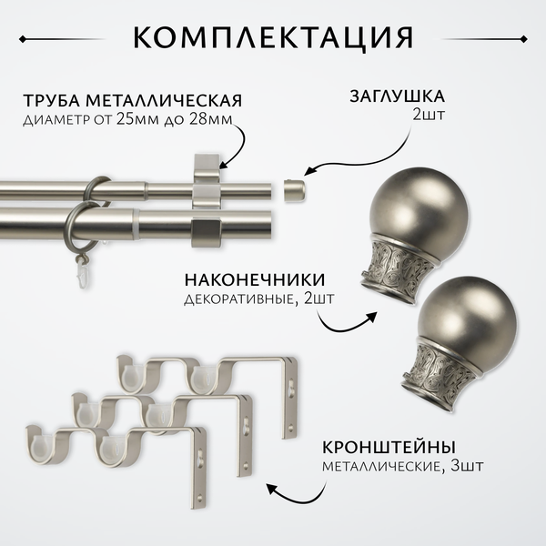 Изображение товара Карниз для штор Sundays Home Тиффани Раздвижной 25/28мм 2-х рядный (сатин, 2-3.6м)
