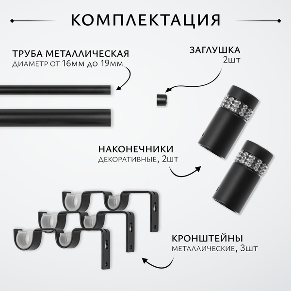 Изображение товара Карниз для штор Sundays Home Имидж Раздвижной 16/19мм 2-х ряд (черный матовый, 1.6-3м)