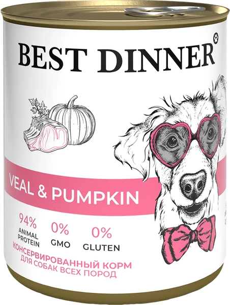 Изображение товара Влажный корм для собак Best Dinner Для щенков и взрослых собак Телятина с тыквой (850г)