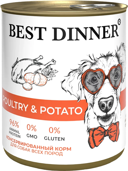 Изображение товара Влажный корм для собак Best Dinner Для щенков и взрослых собак Птица с картофелем (850г)